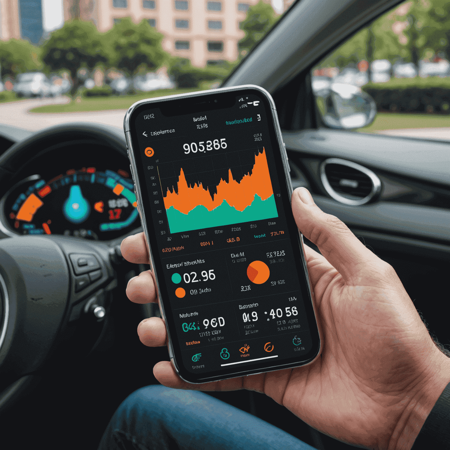 Interfață de utilizator a aplicației mobile BP Monitor Pro, prezentând un dashboard cu grafice colorate, statistici și butoane pentru diverse funcții de analiză